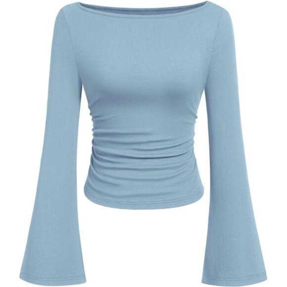 Women's Long Sleeve Shirts Crop Tops Light Blue - Picture 1 of 6